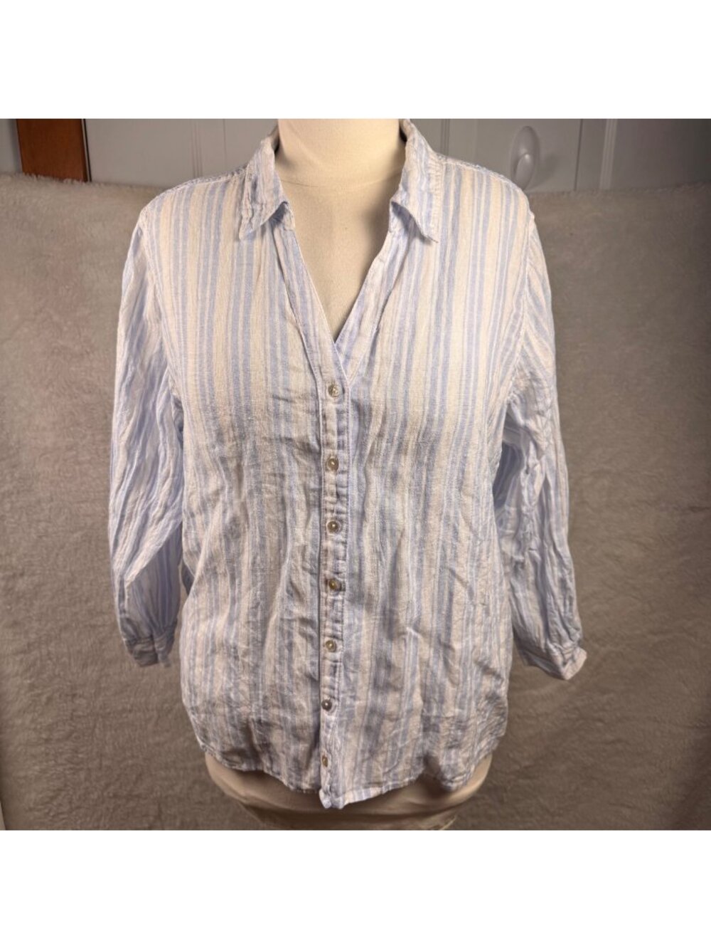 Sigrid Olsen plus size 2X 100% linen Striped Button Up Shirt Roll Tab Sleeves